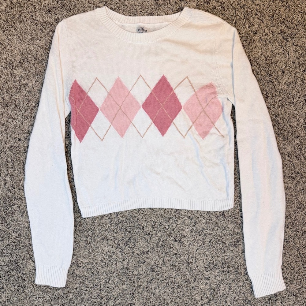 Hollister Womens White Pink Argyle Knit Cropped Sweater Gold Shimmer Large